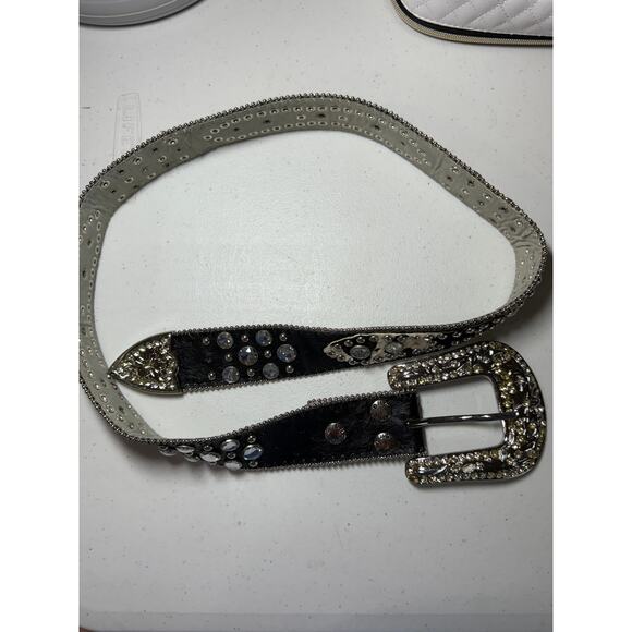 BHW Western Belt Black With White Cow Hair Rhinestones Buckle Changeble main image 5